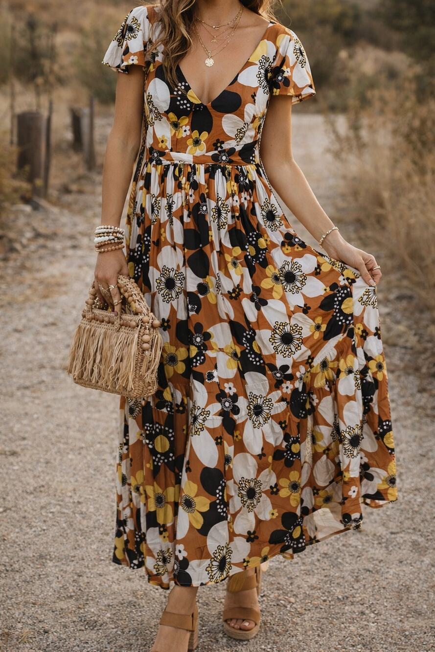 Dodo Bar Or Jenny Long Dress Brown Retro Floral Maxi Size Medium Womens